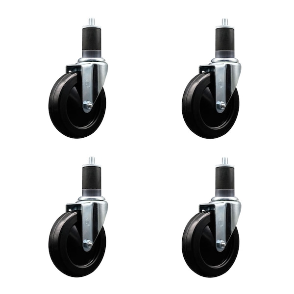 5'' SS Soft Rubber Wheel Swivel 1-5/8'' Expanding Stem Caster Set, 4PK